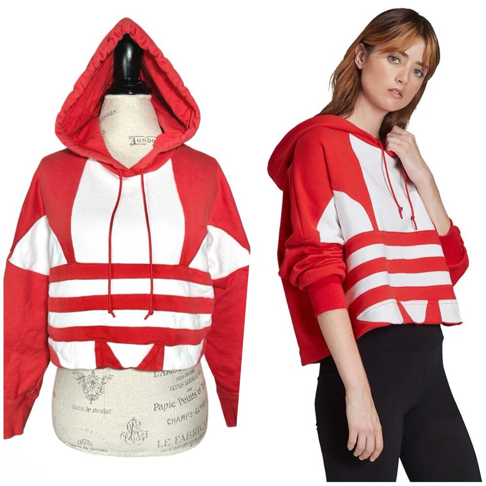 adidas | Women | Red White Big Trefoil Cropped Sporty Hooded Sweatshirt | Small - Picture 1 of 15